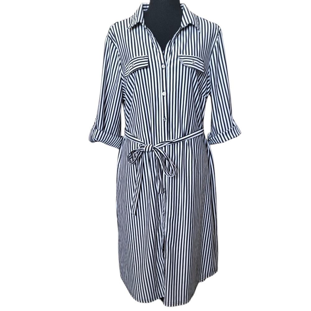 Mlle Gabrielle Black White Stripe Shirt Dress Women’s XL Belted Button Front